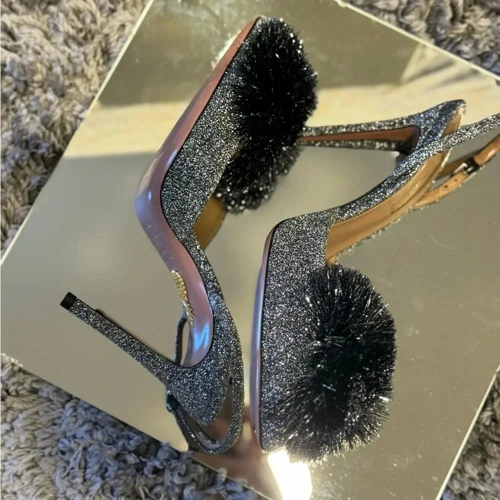 AQUAZZURA SILVER POMPOM SLINGBACK SANDALS - Picture 9 of 10
